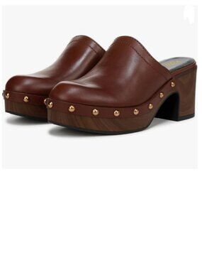 YDN Brown Rounded Toe Studded Clogs Mules Platform Slip On Block Mid Heel Sandal